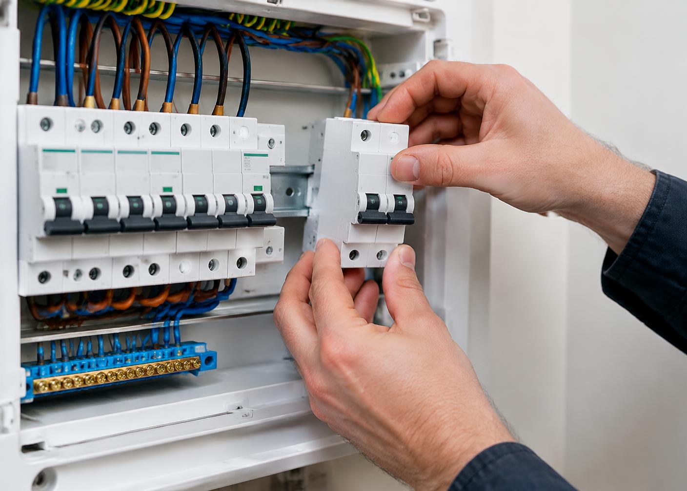 Elektriker monterer automatsikringer i et moderne sikringsskap