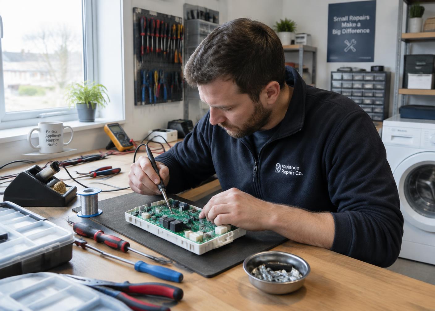 Tekniker reparerer styrekort fra vaskemaskin i elektroverkstedet